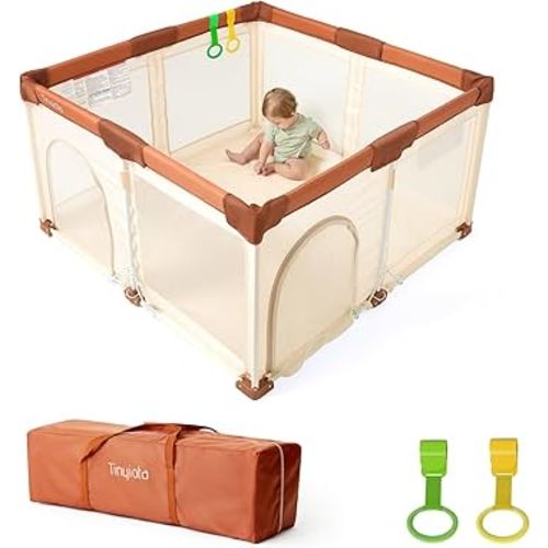 Tinyiota Foldable Baby Playpen, 50x50 Inch Portable Play Yard for Babies and Toddlers with Soft Breathable Mesh, Storage Bag & 2 Pull-Toy Handles for Indoor & Outdoor (Brown, 50 * 50)