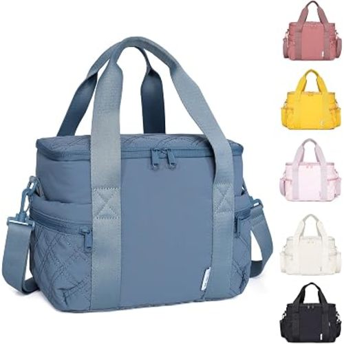 NOL Women's Nylon Lunch Cooler Cute Quilted Lunch Bag Large Leakproof Insulated Lunch Tote Bag for Work Picnic Travel,Dusty blue