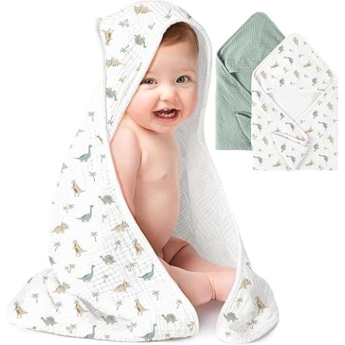 Konssy 2-Pack Muslin Hooded Baby Towels, 100% Cotton, Ultra-Soft & Absorbent Baby Bath Towels with Hood for Newborn & Infant (Green,Dino Jungle,30" x 30")