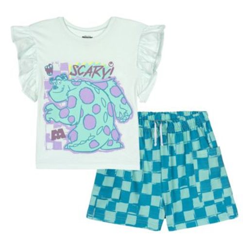 Disney Monsters Inc. Toddler Girls' Ruffle Short Sleeve Tee and French Terry Pocket Shorts Outfit Sulley Mike Mint 4T