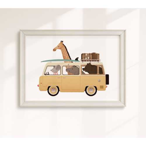 Whimsical Animals Nursery Print: Bear, Giraffe, Safari Yellow Van, Surfing Kids Decor