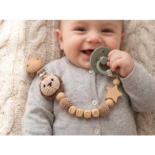 Pacifier Clip with Name, Personalized Crochet Animal Binky Holder, Wooden Bead Dummy Chain