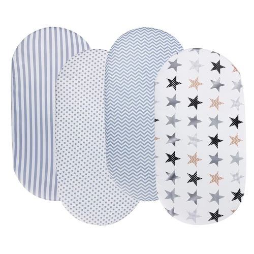 Onacosht Bassinet Sheets for Baby Boy and Girl, Stretchy Breathable Fitted Sheet Universal for Bassinet Cradle Hourglass Oval Rectangle Pad/Mattress, 4 Pack Stripes Dots Chevrons and Stars