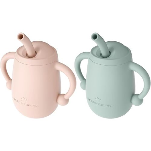 Cuddle Campus Pack of 2 Silicone Baby Training Cup, Shatterproof Toddler Sippy Cups with Straw, Open Cup for Baby, 6+ Months 4 Oz