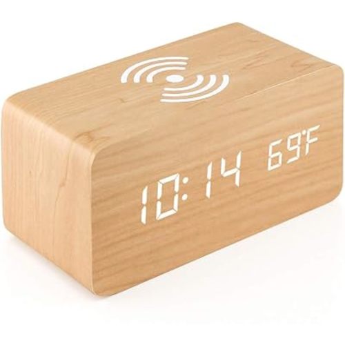 OCT17 Alarm Clock with Qi Wireless Charging Pad Compatible with iPhone Samsung Wood LED Digital Clock Sound Control Function, Time Date, Temperature Display for Bedroom Office Home - Wood
