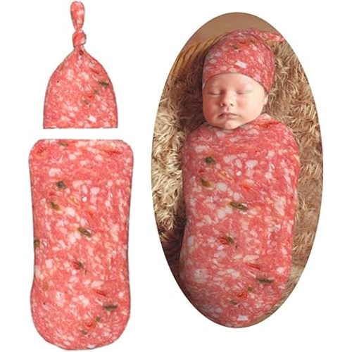 Salami Smoked Sausage Slices Funny Food Newborn Swaddle Blankets Hat Sets Soft Baby Receiving Blanket Swaddle Sack for Baby Shower Infant Boy Girl Gift
