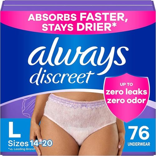 Always Discreet Adult Diapers for Women, Incontinence Underwear, Postpartum Essentials, Disposable Briefs, Max Absorbency, Bladder Leak Protection, Large, 76ct