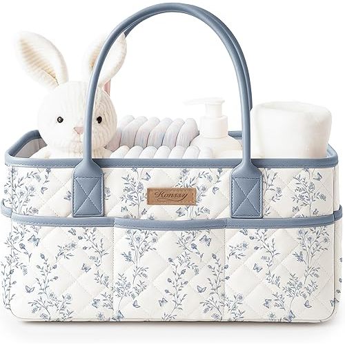 Konssy Floral Quilted Diaper Caddy Organizer, Diaper Caddy Basket with PU Leather Handles, Water-Repellent Nursery Storage Basket, Portable Car Organizer, Registry Search Must Haves (Blue Garden)