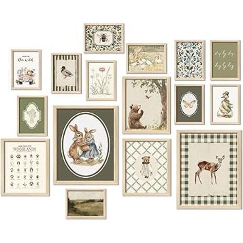 16 PCS Framed Woodland Nursery Wall Art Decor, Vintage Baby Girl & Boy Nursery Decor, Kid Toddler Room Bedroom Playroom Decor, Sage Green Animals Eclectic Gallery Wall Prints, Bear Duck Goose Rabbit