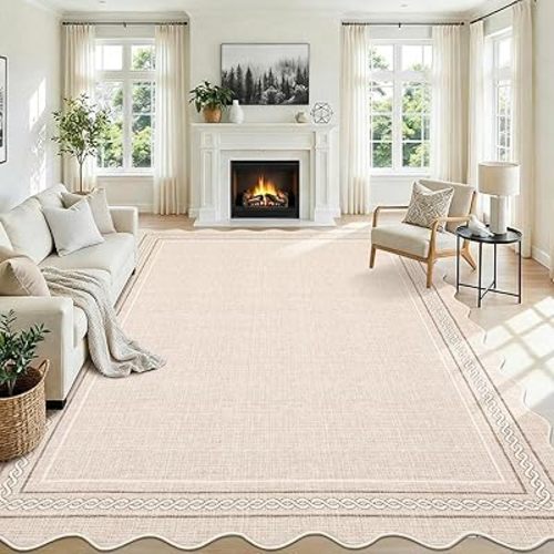 GarveeHome Washable 9x12 Area Rug for Living Room Scalloped Beige Rug Non Slip Soft Bedroom Rugs Neutral Cream Low Pile Stain Resistant Carpet for Nursery Dining Room Classroom Playroom, Beige