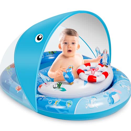 Baby Pool Float with Canopy, Baby Swim Float with UPF50+ Sun Protection Canopy and Toy Play Console, Inflatable Baby Float & Swimming Float with Adjustable Safety Seat for 6-36 Months