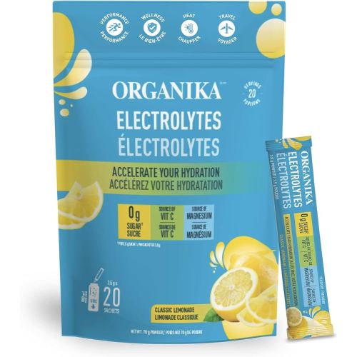 Organika Electrolytes Powder- Classic Lemonade Sachets- On the Go Hydration and Electrolyte Replenishment 3.5g x 20ct