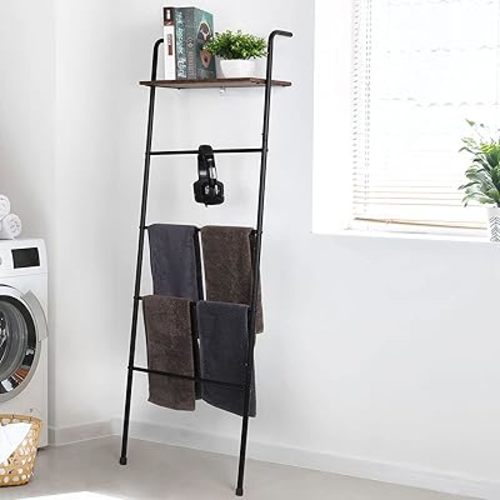 Blanket Ladder for Bathroom Blanket Towel Ladder Holder with Shelf for Living Room Farmhouse 5-Tier Wall-Leaning Shelf Metal Quilt Rack, Black and Brown