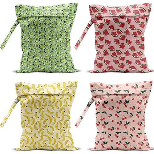 4 Pack Cute Fruit Wet Bag Waterproof Washable Reusable Wet Dry Bag for Swimsuit Dirty Clothes Cloth Diaper Travel Beach Pool Yoga Gym Toiletries Travel Beach Essentials Watermelon Cherry