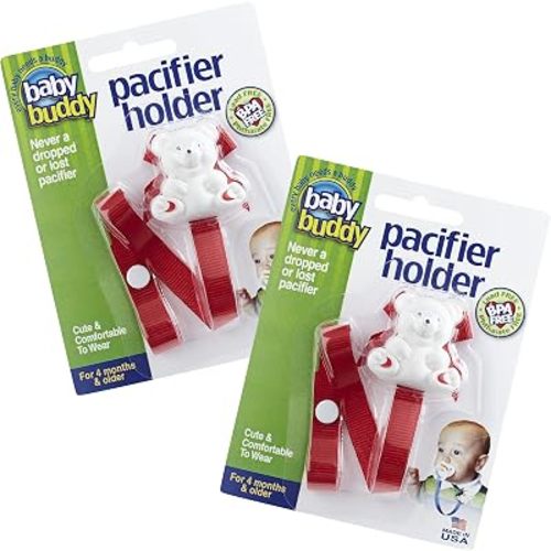 Baby Buddy Bear Pacifier Holder Clip Snaps to Paci, Teether, Toy, Clips to Baby's Shirt, Pacifier Clip for Babies 4 Months & Up/Toddler Boys & Girls, Pacifier Holder, Baby Must Haves, Red, 2 Count