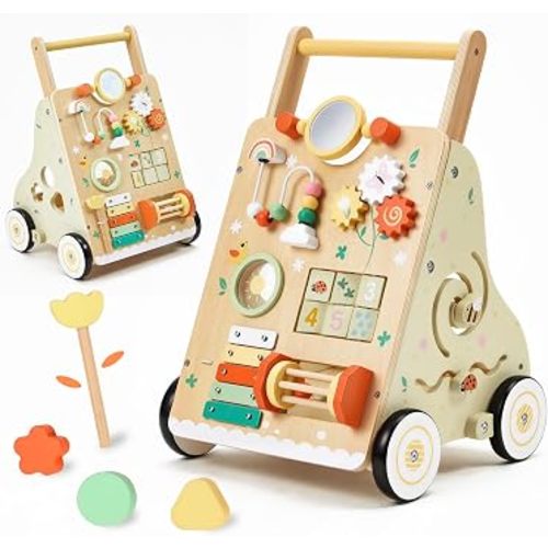 Wooden Baby Push Walker for 1 Year Old, Montessori Wood Walking Toy