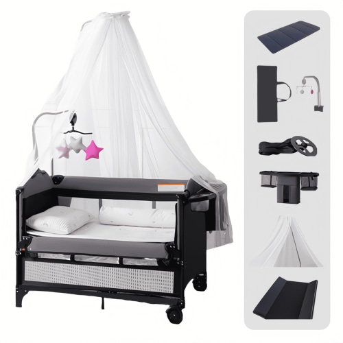 Unisex Nursery Center Portable Baby Play Yard Folding Playpen with Bassinet,Changing Table,Wheels,Elevated Mosquito Net for Newborn,Four-Panels