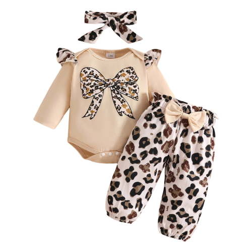 Curenmufel Baby Girl Outfits Newborn Outfits Baby Girl Long Sleeve Romper Bodysuit Tops Pants Headband Clothes Set 0 3 6 9 12 18 24 Months (Khaki,6-9 Months)