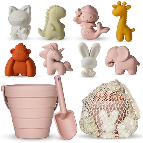 11Pcs Silicone Beach Toys,Collapsible Sand Bucket,Modern Baby Beach Toys,Travel Friendly Beach Set,Silicone Bucket,Shovel,Sand Molds, Beach Bag,Silicone Sand Toys for Toddlers, Kids (Pink)