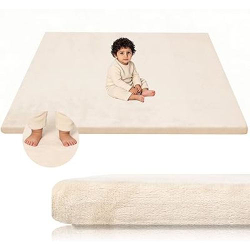 Velvet Baby Play Mat for Floor, 1.3" Thick Elasti-Foam 47"×47" Playpen Mat with Removable & Washable Velvet Cover for Toddler, Infant,Kids, Non-Slip Crawling Mat for Tummy Time (Beige)