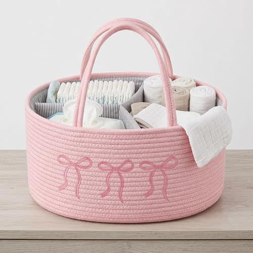 Baby Caddy Organizer, Cotton Rope Baby Diaper Caddy with 3 Compartments Hand-Braided Pink Nursery Storage Basket with Bow Embroidery Newborn Essentials Gift (Pink)