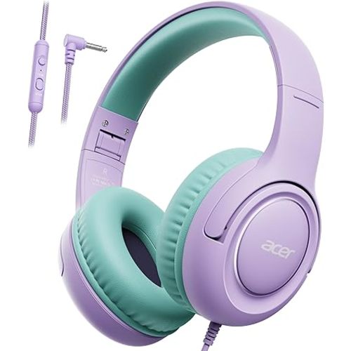 acer Kids Headphones - Over-Ear 85/94dB Volume Limiter, 3.5mm Jack Foldable Stereo Sound Headset for Toddlers Girls Boy Travel Learning Entertainment Tablet Kindle iPad PC Purple Green, HK03