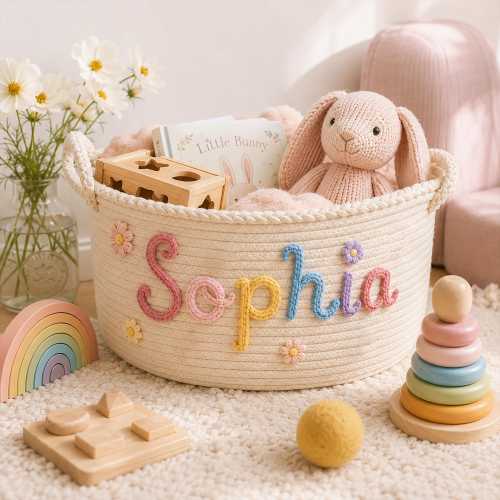 Personalized Baby Girl Basket, Custom Name Pink Nursery Storage, Handmade Cotton Rope Toy Organizer, Baby Shower Gift, Newborn Girl Gift