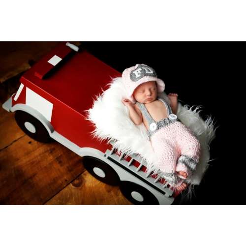 Fireman Hat and Pants for Baby Girl in Pink and Gray, Newborn Photo Prop