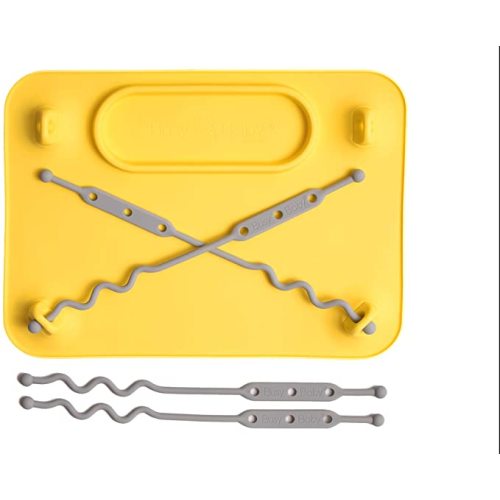 Busy Baby Silicone Placemat - Built-in Suction Cups - 4 Toy Tethers for Babies Toddlers and Kids - Food Grade Silicone - 8.5 x 11 in - Comes with Travel Sleeve - Dishwasher Safe - Yellow