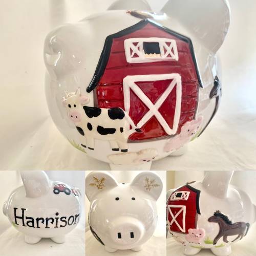 Barnyard Personalized Large Piggy Bank for Boys- Barn-Farm Animals - Horse- Pig- Tractor-Newborn- Christening, Birthday, Baby Shower Gift