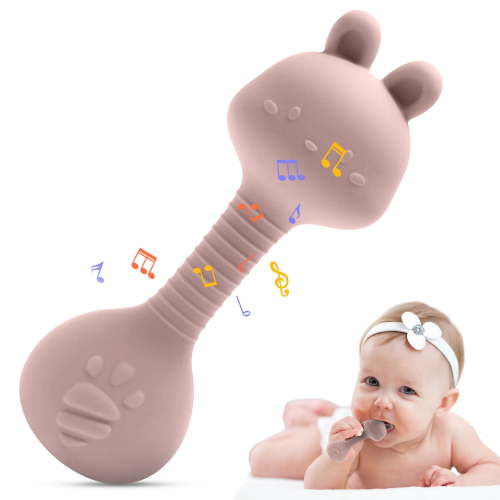 HippoBaby Bunny Silicone Rattle Teether – Soft Baby Teething Toy with Gentle Sound – BPA-Free, Food Grade, CPC Certified – Easy Grip Teether for Babies 3–6 Months, Infant Sensory Toy (Bunny-Pink)
