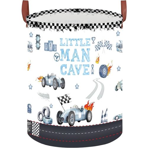 Car Themed Room Decor Laundry Basket, Kids Vintage Car Nursery Hamper,Tire Toy Box for Boys,Collapsible Clothes Book Organizer Bin for Baby,Christmas Gift(Vintage Blue,Round)