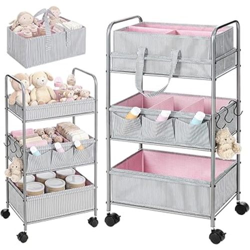WILLBOND 2in1 Baby Diaper Caddy Organizer Cart, 3 Tier Large Capacity Metal Utility Bedside Rolling Cart with Divider for Newborn Registry Nursery Essential Must Have Gift Baby Shower Bedroom(Pink)