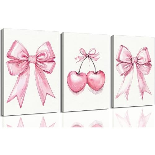 GDDXLM 3 Pcs Pink Bow Canvas Wall Art,Trendy Preppy Picture Wall Decor | Fashion Cherry Poster Print Artwork,for Dorm Bedroom Living Room Girls Room Home Decoration 12x16inch