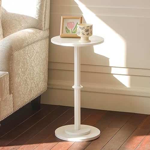 MaxSmeo Drink Table, Small Side Table for Small Spaces, Modern Round End Table with Fluted Wood Leg, White