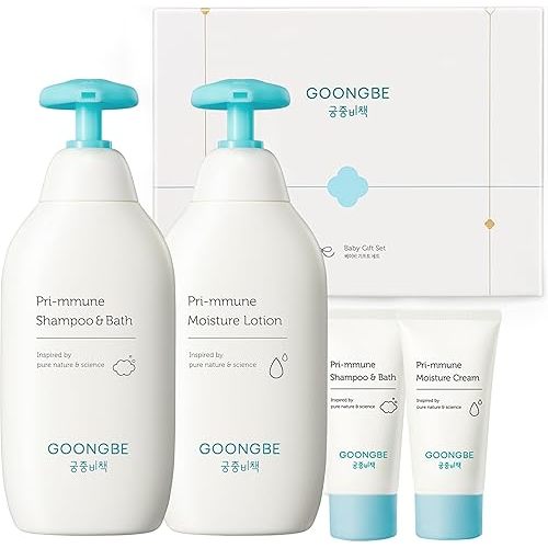 GOONGBE Baby Skin Care Gift Set - Korean Baby Skincare & Bath Time Essentials - Shampoo & Bath, Moisutre Lotion, Cream - Hydrating & Nourishing, 4 Items