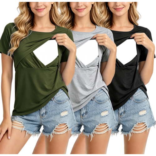 Smallshow Women's 3-Pack Maternity Nursing Tops, Crisscross Breastfeeding T-Shirts