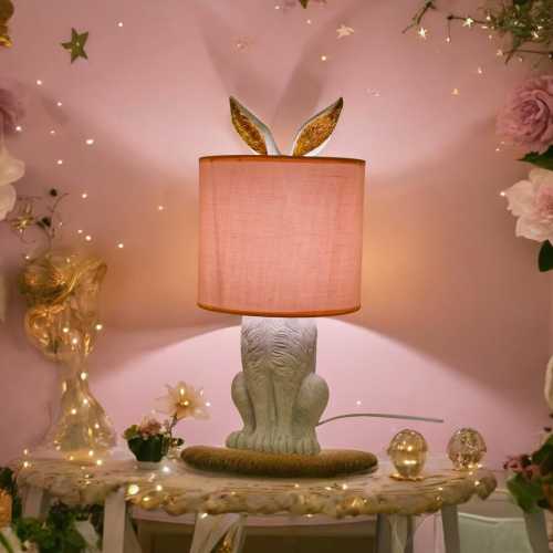 Rabbit Ears Table Lamp, Pink Shade, White and Gold Finish, nursery, whimsical decor