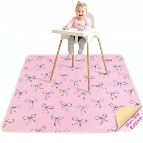 Basumee Splat Mat for Under High Chair, Waterproof & Mess-Proof Floor Mat | 46"×42" Baby Splash Mat, Non Slip Bottom, 4-Layer Fabric, Food & Liquid Catcher, Machine Wash for Boy Girl, Meals, BLW, Craft