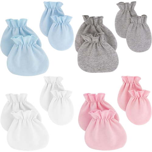 8 Pairs Newborn Baby Mittens Socks 4 Pairs Non-Scratch Unisex Infant Cotton Gloves 4 Pairs Soft Breathable Socks for 0-6 Months Baby Girls Boys (Blue, Pink, Grey, White)