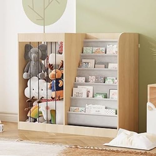 NACHES Kids Bookshelf & Stuffed Animal Net Holder 5 Tier Sling Bookshelf and Plush Toy Storage Organizer with Elastic Cord Montessori Toddler Bookcase for Kids Rooms Playroom Bedroom Nursery, Natural