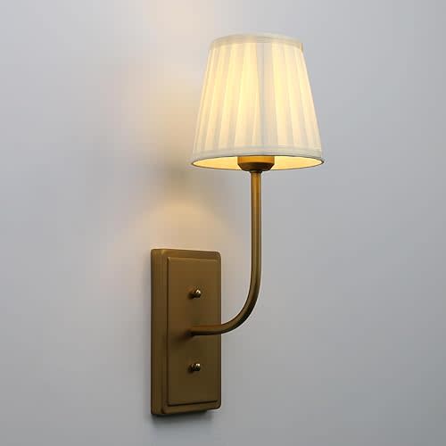 Vintage Antique Brass Wall Sconce 1-Light, Beige Pleated Fabric Shade Wall Lamp Hardwired Indoor Wall Light for Bedroom Living Room Vanity Bathroom