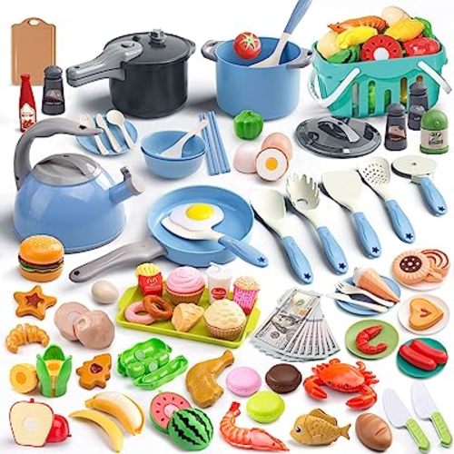 130Pcs Kitchen Playset, Toddler Pretend Cooking Play Pots, Pans, Utensils Cookware, Daily Food Fruit Veges, Shopping Storage Basket, Dessert, Prop Money, Learning Gift for Child (Blue)