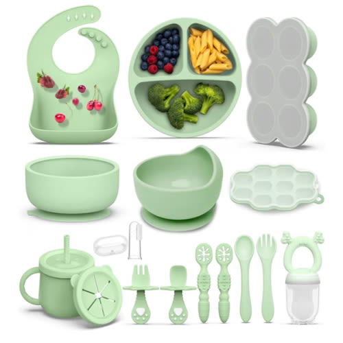 16 Pack Silicone Baby Feeding Set, BPA-Free Baby LED Weaning Supplies, Include Suction Plates, Baby Bowls, Silicone Fork & Spoon, and More, First Stage Baby Food Eating Utensils - 6+ Months(Blue, 16)