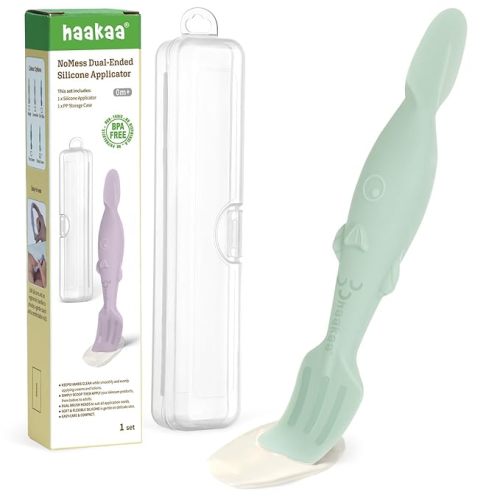 haakaa Baby Diaper Cream Spatula, NoMess Dual-Ended Silicone Diaper Rash Cream Applicator with Hygienic Case, Butt Spatula for Baby, Pastel Green