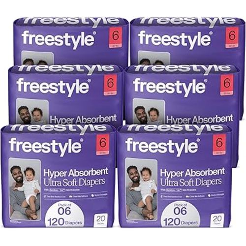 Freestyle BambooTek Diapers – (Size 6) Hyper Absorbent & Non-Toxic – Disposable Diapers for Sensitive Skin – Ultra Soft Diapers (35+ lbs) – 120 Count
