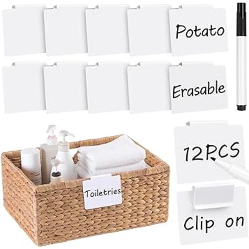 12pcs White Basket Labels, 3.5x2.7” Basket Labels Clip On, Bin Labels Clip On, Removable PVC Clip On Labels for Storage Bins Label Holders
