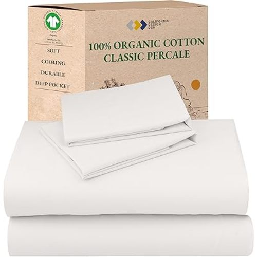 California Design Den Sheets Queen Size Bed Set - Soft 100% Organic Sheets with Deep Pockets, Crisp Percale, Breathable and Durable Bedding Set - True Ivory