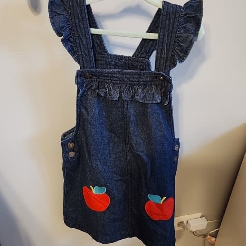 Cynthia Rowley Blue Kids Overalls with Red Apple Accents Size 7 "BACK TO SCHOOL"