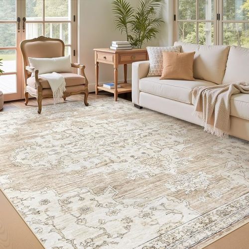 5x8 Area Rugs Washable Rug: Large Vintage Living Room Rug with Non-Slip Backing Low Pile Rugs Soft Indoor Floor Thin Carpet Non Shedding Neutral Carpets for Bedroom Dining Room Farmhouse Nursery Beige